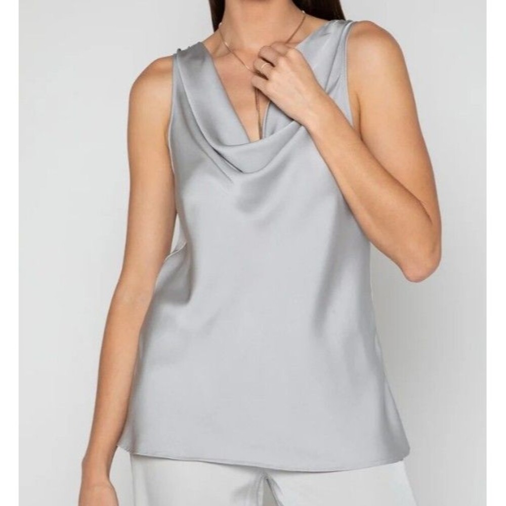 White House Black Market Silver Gray Women's Draped Satin Shell Top Size L